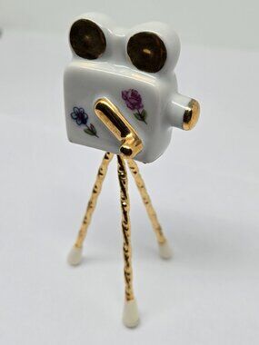 Limoges France Mini Porcelain Movie Camera on Tripod, Victorian Scene, Flowers